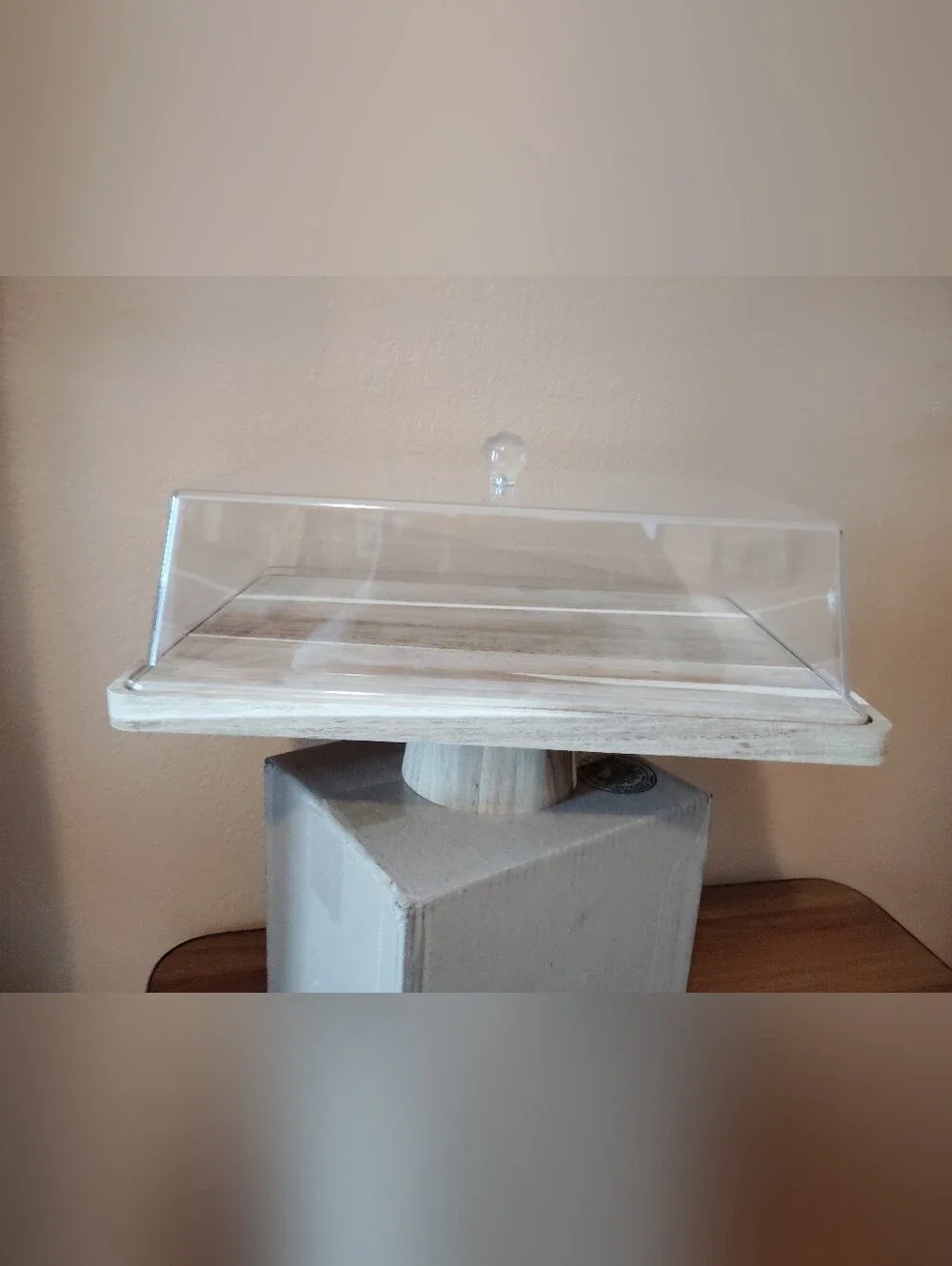 Wood and Clear Acrylic Covered Cake Stand - Natural Wood